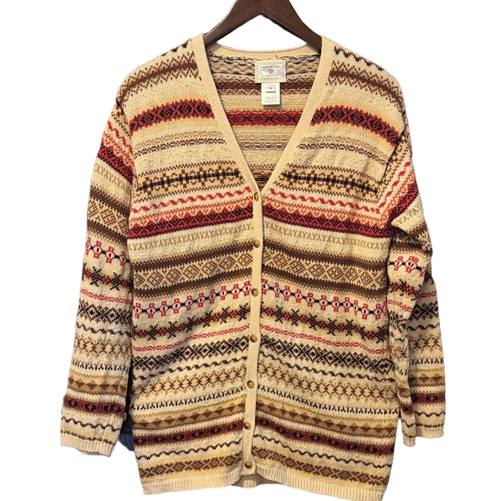 Susan Bristol Fair Isle Button-Down Cardigan Sweater Size M